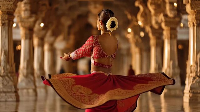 Dancer performs traditional dance in ornate palace hall with intricate columns and warm lighting during evening hours
