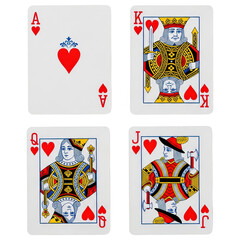 Playing cards Ace, King, Queen, Jack of Spades and Hearts, isolated on white background, classic design