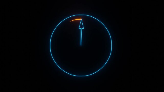 Glowing animation of neon arrow power sign with glowing neon circle on dark background. Loop animation of arrow circle. Motion graphics