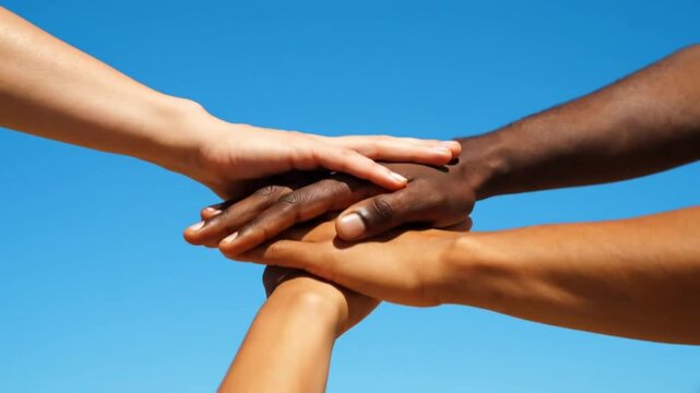 Close-up of four diverse hands stacked together in unity against a clear blue sky with a sense of solidarity and cooperation.
