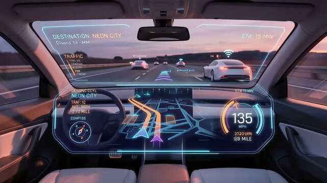 Interior view shows a modern car with a digital dashboard displaying navigation and speed information. The vehicle travels on a highway during sunset