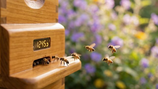Bees engage in activity as they enter and exit a wooden beehive with a digital timer. The setting is a colorful garden with blooming flowers