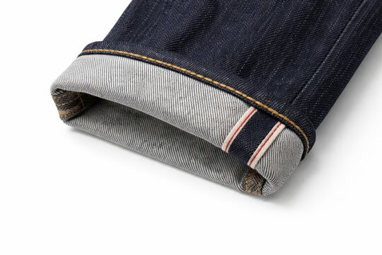 Mens jeans with single cuff roll showing selvedge edge denim weave rivets and stitching macro close up high key studio isolated on white