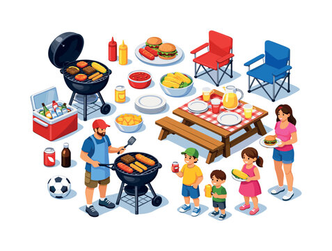Family enjoying a summer barbecue picnic with grilling food and outdoor activities