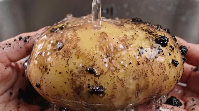 Washing fresh dirty potato with soil in hands under running water in sink