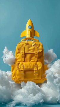 Bright yellow school backpack with a rocket soaring through white clouds against a blue background representing back to school learning and imaginative dreams. Vertical video.
