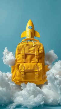Yellow school backpack with a rocket launching through white clouds against a blue background, symbolizing back to school learning and imaginative dreams. Vertical video.