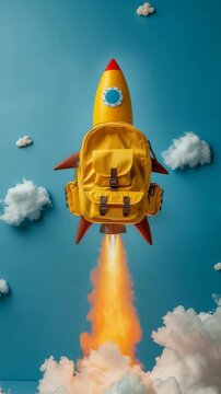 A yellow school backpack shaped like a rocket launching skyward through white clouds, symbolizing education and ambitious learning dreams. Vertical video.