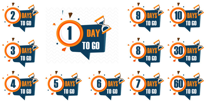 Days To Go Countdown banner template design. 1,2,3,4,5,6,7,8,9,10,20 days left countdown icon. vector	