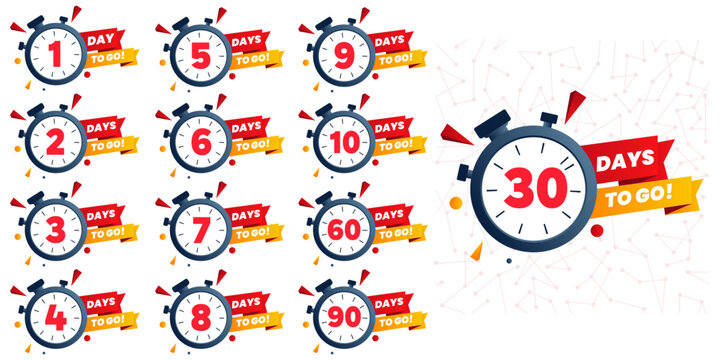 Days To Go Countdown banner template design. 1,2,3,4,5,6,7,8,9,10,20 days left countdown icon. vector	