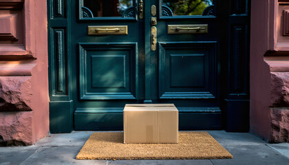 Fototapeta premium Cardboard box delivery left on doormat outside front door.