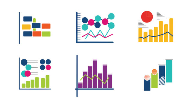 A collection of six different colorful charts and graphs.