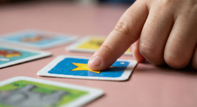 child's finger pointing at a flashcard with a yellow star, educational game and cognitive development