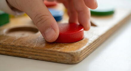 Close up of child's hand placing red wooden circle in puzzle, fine motor skills and cognitive development