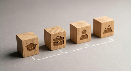 Wooden cubes with icons showing career path from education to professional success on grey background