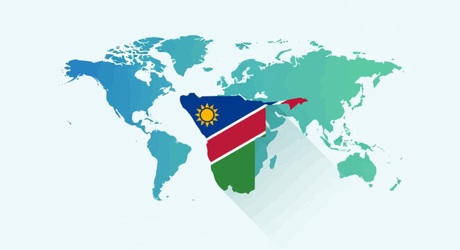 World map highlighting Namibia with its flag colors and a distinct shadow