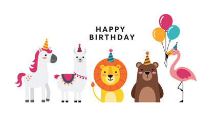 Naklejka premium Collection of cute cartoon animals including a unicorn, llama, lion, bear, and flamingo wearing party hats for a happy birthday celebration.