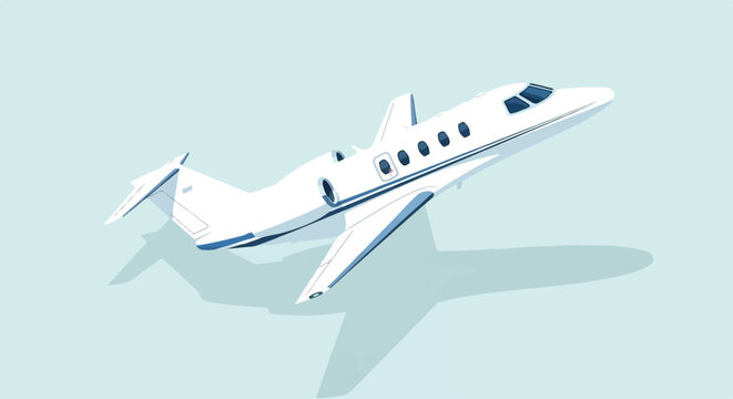 White private jet with blue accents ascends against a pale blue sky