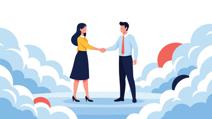 Professional man and woman shaking hands in a conceptual sky with white clouds representing a successful business agreement or partnership.