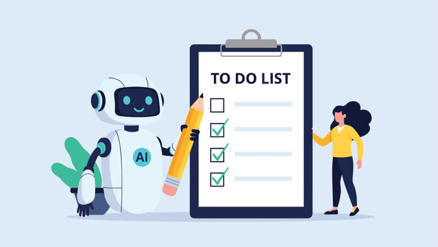 Friendly artificial intelligence robot using a pencil to check off completed tasks on a to do list with a woman standing by.