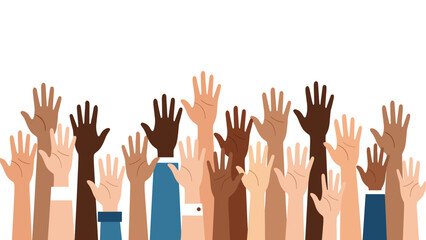 Obraz premium Group of diverse hands with different skin tones raised high in the air representing solidarity voting volunteerism and community support.