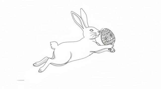 Continuous line drawing Easter bunny jumping with egg minimalist animal vector for spring holiday branding and greeting cards