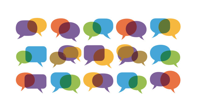 Pattern of multiple overlapping colorful speech bubbles representing conversation, dialogue, and community discussion.