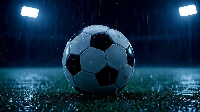 A soccer ball sits on a wet field, illuminated by dramatic lights during a nighttime rainstorm.