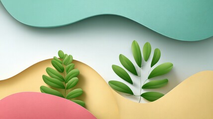 Tropical abstract background with palm frond patterns and fluid strokes, in dusty turquoise, blush pink, and warm sand tones, flat vector style