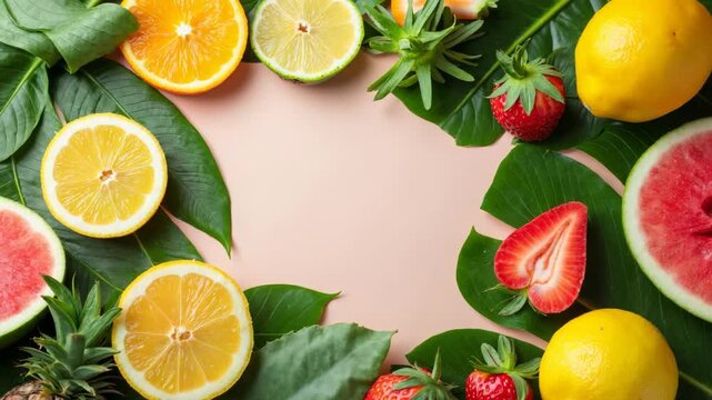 Creative layout made of summer tropical fruits and leaves. Flat lay. Food concept..