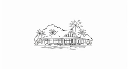 Naklejka premium Tropical building with palm trees and outdoor seating by water