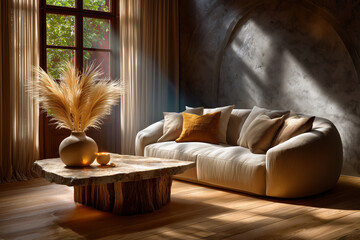 Salon Japandi ensoleill&eacute; : canap&eacute; en lin beige, table en travertin, vase et herbe de la pampa. Murs en b&eacute;ton brut, parquet en ch&ecirc;ne et lumi&egrave;re douce filtrant &agrave; travers les rideaux