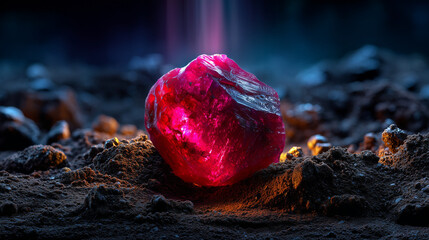 Rubis brut non taill&eacute; reposant sur un sol de terre. Un fin rayon de lumi&egrave;re frappe la pierre, r&eacute;v&eacute;lant son &eacute;clat rouge