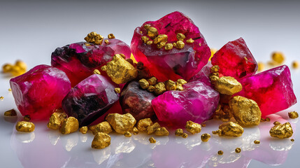 Cristaux de rubis bruts et p&eacute;pites d'or sur surface blanche r&eacute;fl&eacute;chissante. Arri&egrave;re-plan blanc &eacute;pur&eacute;, jeux de reflets et contrastes de couleurs. Composition min&eacute;rale luxueuse