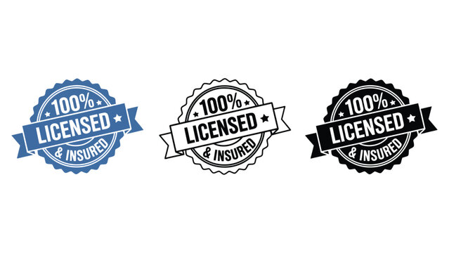Three different styles of "100% Licensed & Insured" stamps are shown.