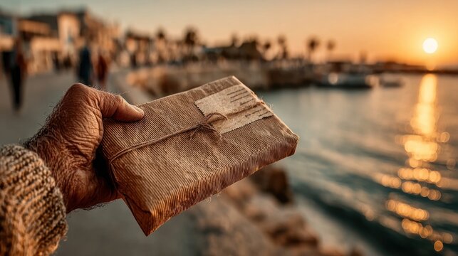 Hand Holding A Tied Brown Paper Package By Coastal Sunset