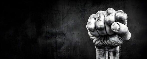 Black and White Powerful Fist on Dark Background, Strength and Motivation