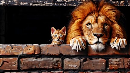 Lion and Kitten Together Behind Brick Wall, Leadership and Growth Concept
