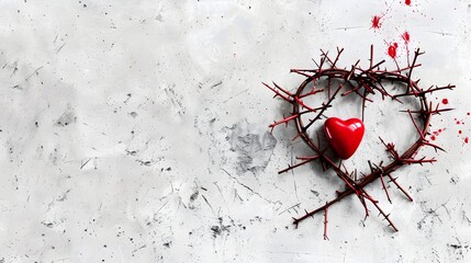 Crown of Thorns Heart with Red Heart on Concrete, Minimal Easter Symbol