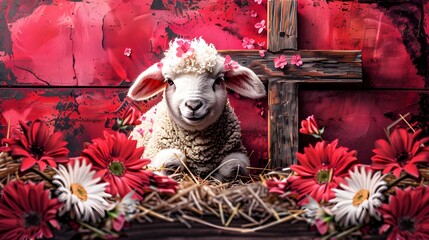 Lamb with Flowers and Wooden Cross on Red Artistic Background, Easter Concept