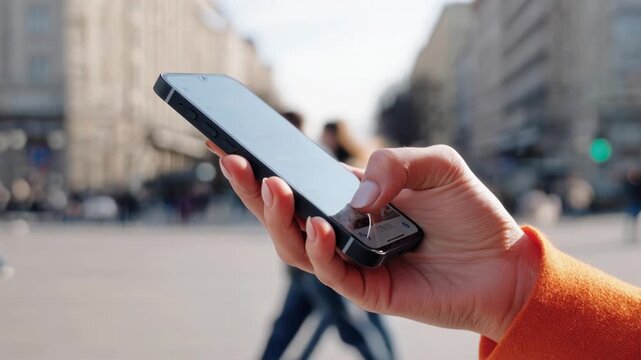 Woman using a smartphone while standing in a bustling urban street