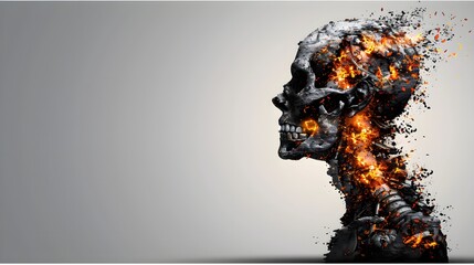 Exploding Metallic Skull in Fire and Sparks, Destruction 3D Illustration