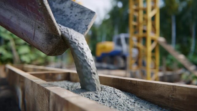 Concrete Pour: A close-up shot captures the meticulous process of pouring concrete into wooden formwork on a construction site, embodying the essence of creation and precision.