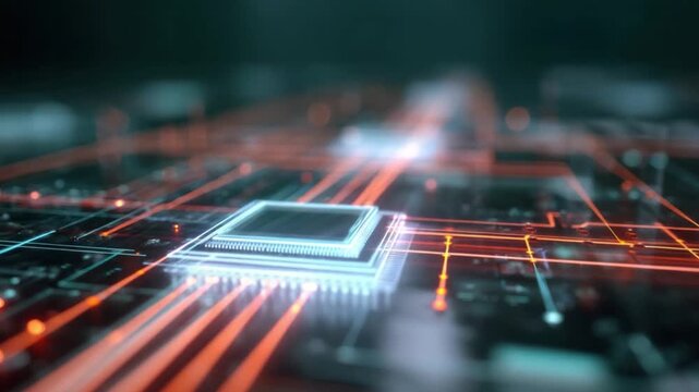 Technological Circuitry: A close-up view of intricate circuits and a central processor unit highlights the complexities of modern technology and data transfer.
