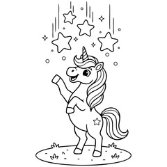 Fototapeta premium Cute Dancing Unicorn with Falling Stars Coloring Page Magical Fantasy Line Art for Kids