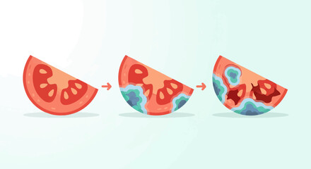 Tomato slice progression showing decay with color changes and visible seeds