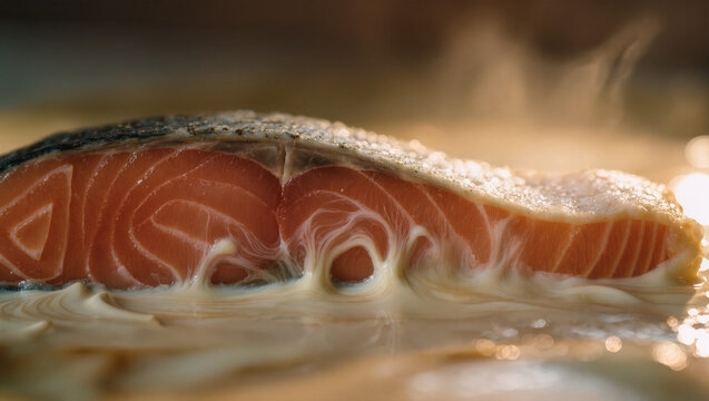 Fresh salmon fillet cooking in steam with focus on texture and colo