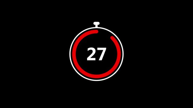 30 seconds countdown, Analog of simple clean timer motion graphic with text numbers. 30 to 0 seconds countdown timer with analog clock icon animation on black background.