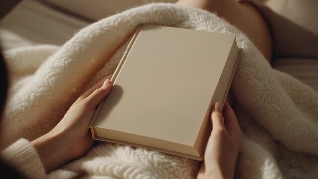 Reading Hands and Soft Throw Blanket. Neo-Minimalism & Quiet Luxury. two hands holding a thick plain hardcover book with a beige cover partially covered by a thick soft wool throw blanket.
