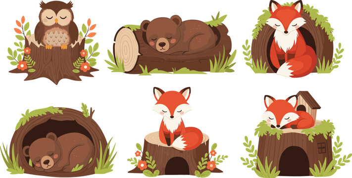 Cute woodland animal vector set featuring sleeping fox bear and owl in hollow logs and tree stumps for nursery decor children stickers and autumn forest themed designs.